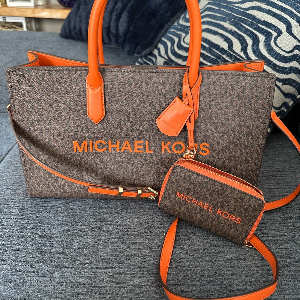 Michael Kors Brown and Orange Tote with Wallet